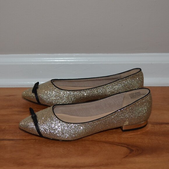 Nanette Lepore Dina Gold Glitter Bow tie Pointed Toe ballet flats, sz 8M - Picture 4 of 8